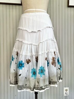 White Cotton Crash Crinkle Ruffled Floral MIDI Skirt